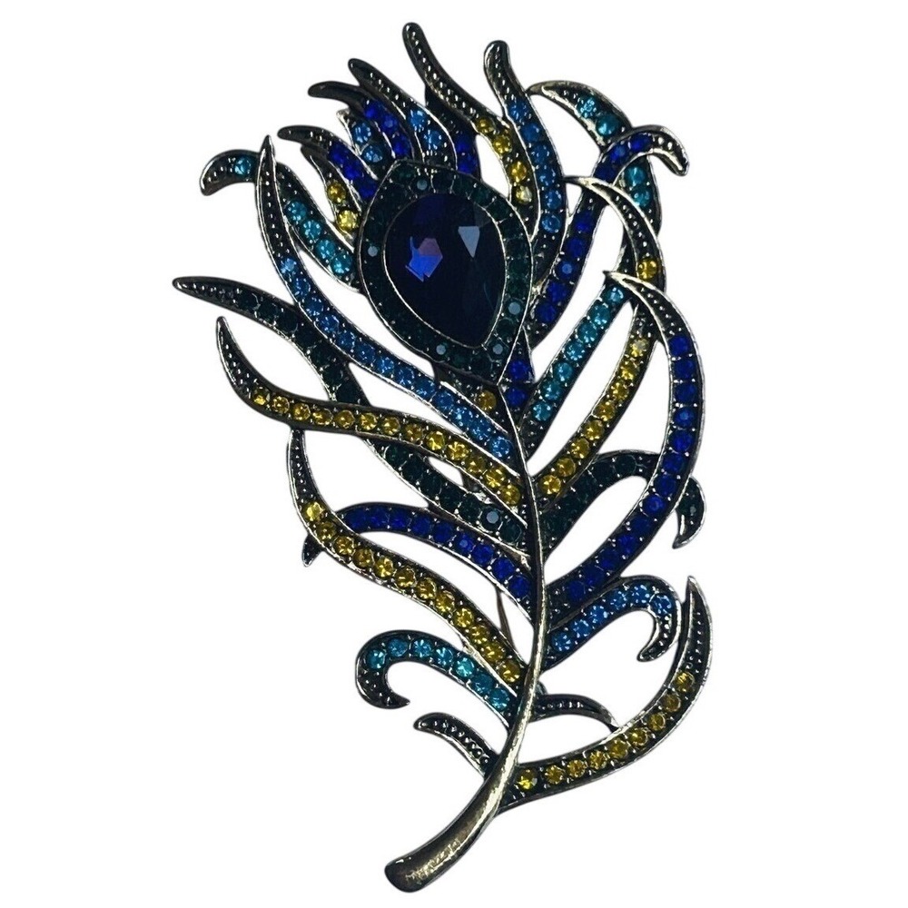 Peacock Feather Brooch Pin Antiqued Gold Tone Excellent Art‎ Nouveau Style